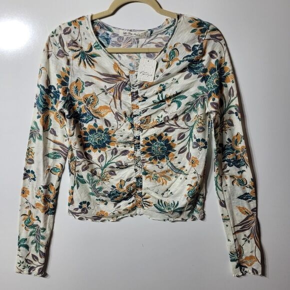 NEW L FREE PEOPLE TAN TEAL GREEN FLORAL LETTUCE LONG SLEEVE TOP LARGE NWT - Picture 7 of 7